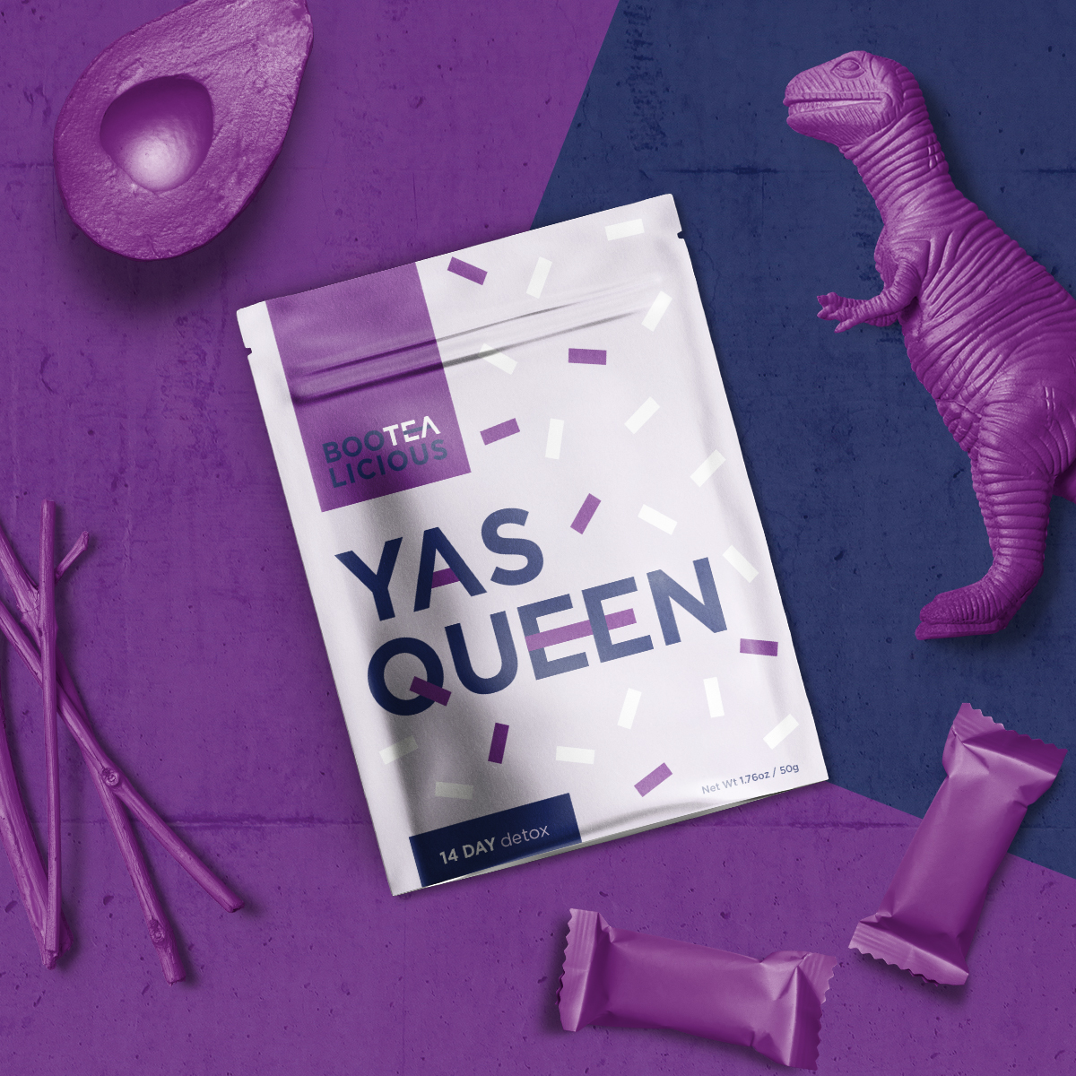 Yas Queen tea packaging flatlay